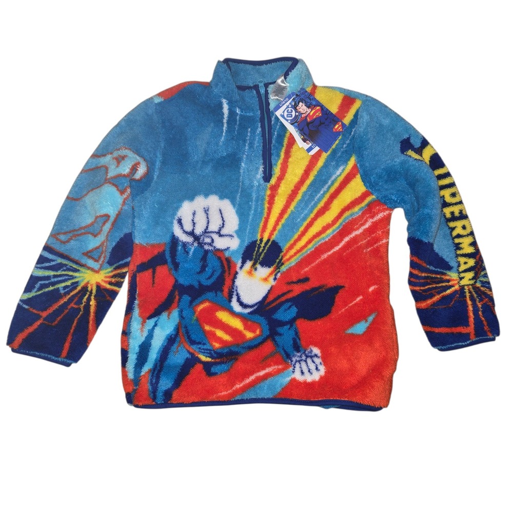 DC Comics Superman Multi Boys Sherpa Quarter Zip Fleece Pullover Sz L 10/12 NEW‎